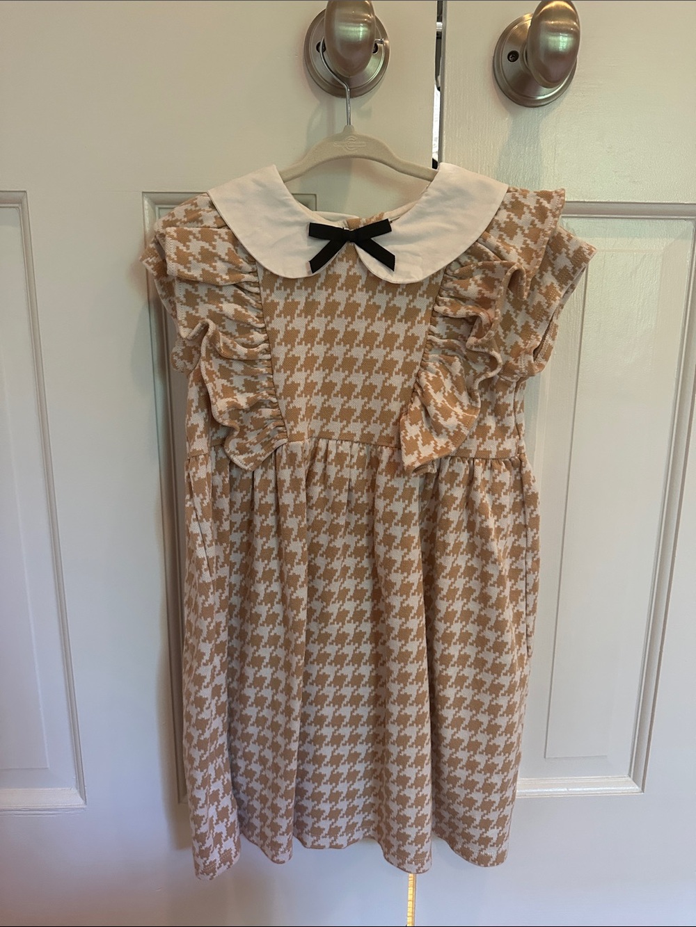 Janie and Jack Tan Houndstooth Ruffle Knit Dress with Peter Pan Collar